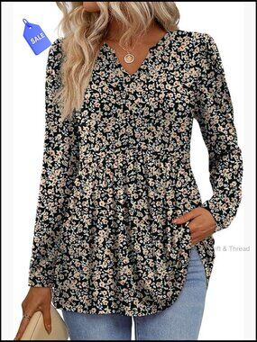 Long Sleeve Babydoll Peplum Tunic Top V Neck Casual Blouse